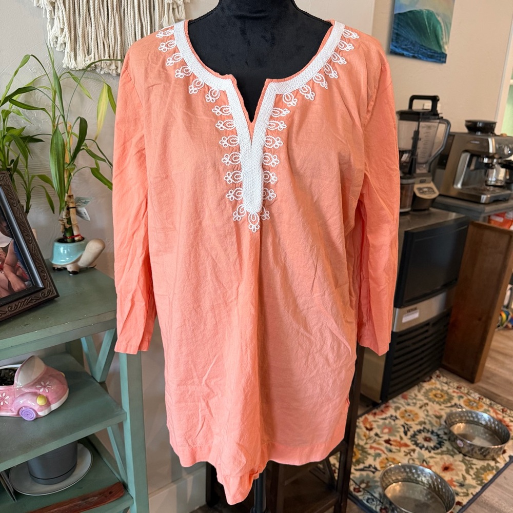 St. John's Bay Coral Tunic with White Embroidered V-Neck